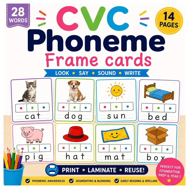 CVC Phoneme Frame Cards 28 CVC Words & Pictures