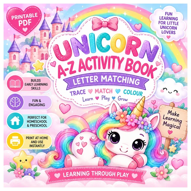 Make learning the alphabet magical with this fun Unicorn A–Z Activity Book! 🦄🌈