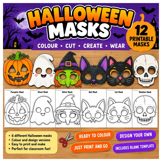 Halloween Masks Craft Pack | 12 Printable Color & Coloring Masks