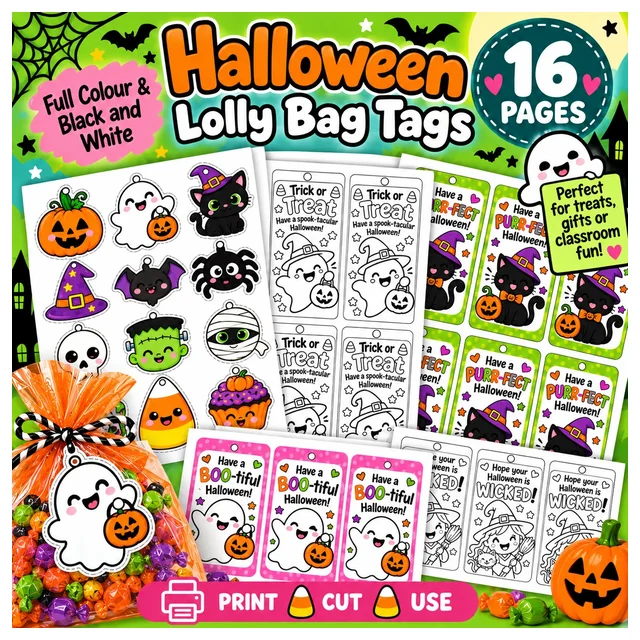 Halloween Lolly Bag Tags | 16 Printable Pages | Full Color & Color Your Own