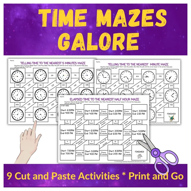 Telling Time Maze Activities | Hour, Half Hour, 5 Minutes & Minute Practice