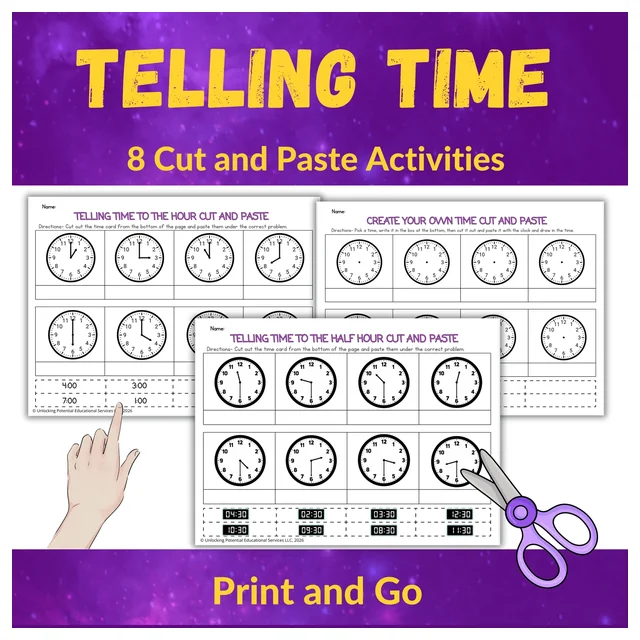 Telling Time Cut & Paste Activities | Analog & Digital Clocks | 2nd & 3rd Grade