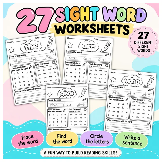 27 Sight Word Worksheets | Trace, Find, Circle & Write | Printable Literacy Activities
