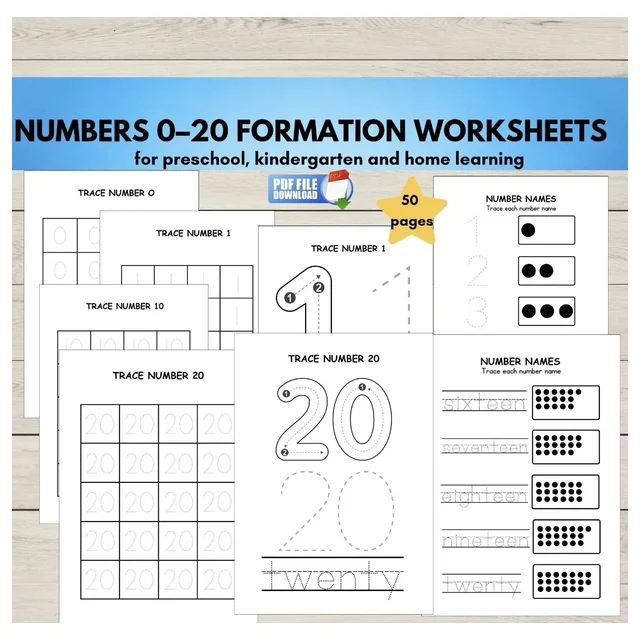 Number Tracing to 20 & Formation Worksheets for Preschool & Kindergarten