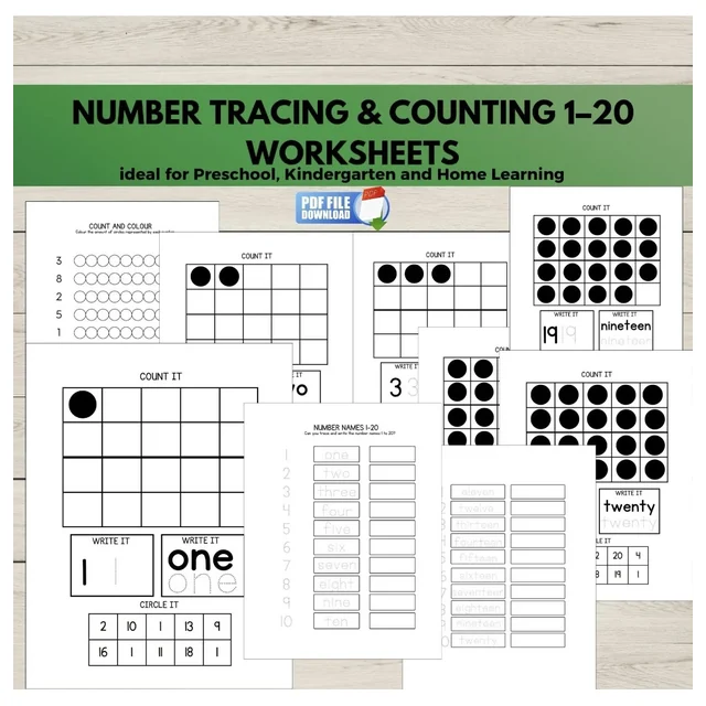 Number Tracing & Counting to 20 Worksheets | Preschool Kindergarten Math
