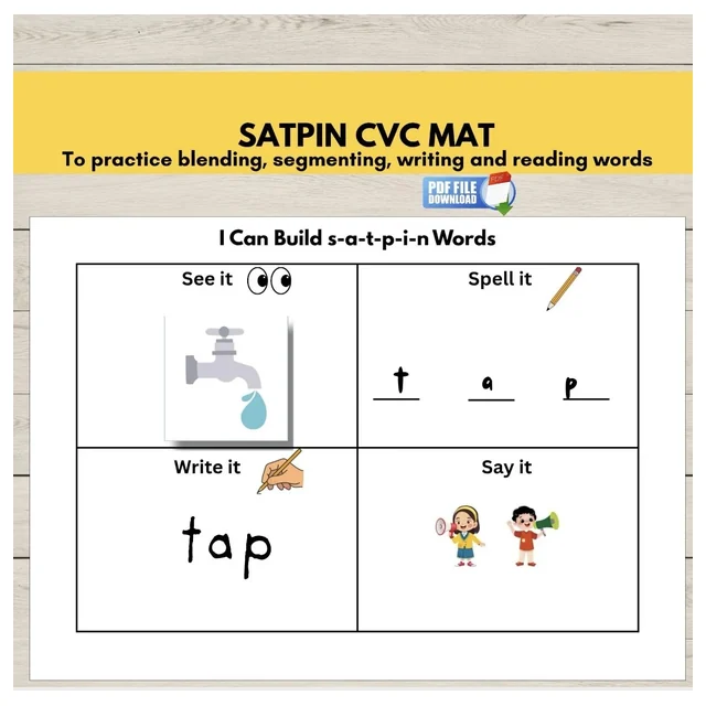 SATPIN Phonics CVC Word Building Blending Activity Mat with Pictures | Segmenting Sounds Board