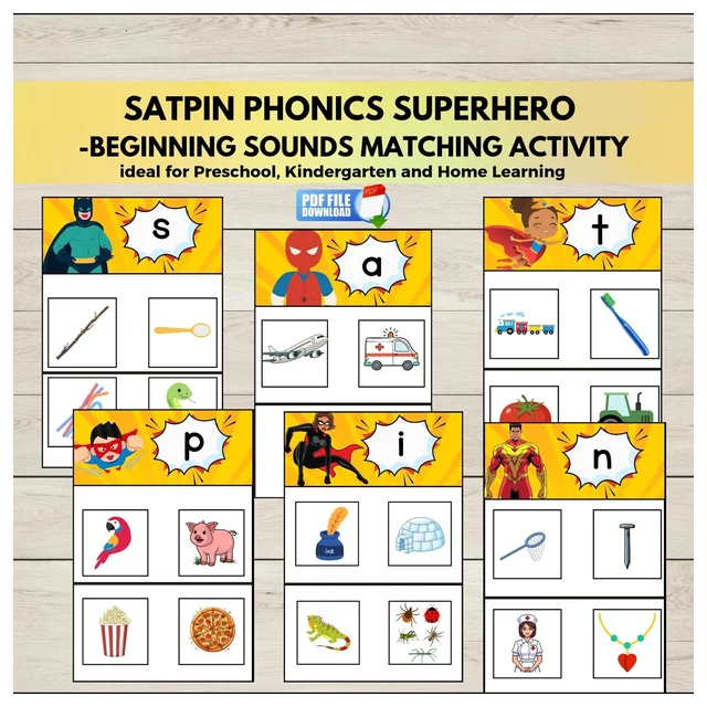 SATPIN Phonics Superhero Activity Boards | Beginning Letter Sounds Matching Mats