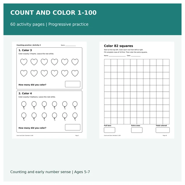 Count and Color 1-100 Worksheets | Picture Counting, Tens and Ones, Hundred Grids