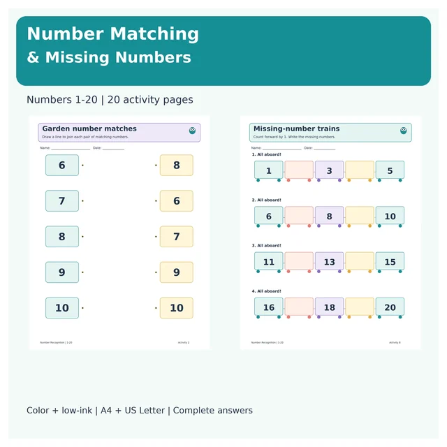 Number Matching & Missing Numbers 1-20 | Colorful Number Recognition Activities