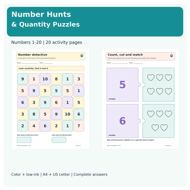 Number Hunts & Quantity Puzzles 1-20 | Colorful Number Recognition Activities