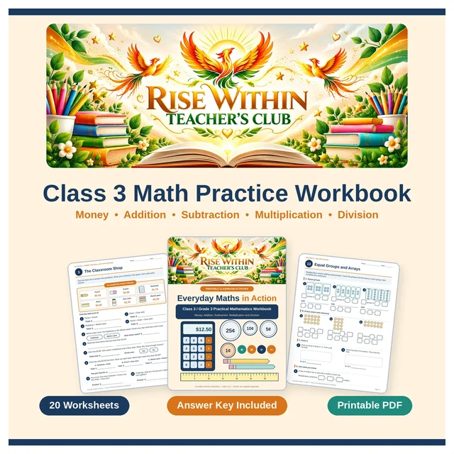 Class 3 Math Practice Workbook | Money, Addition, Subtraction, Multiplication & Division | Printable + Answer Key