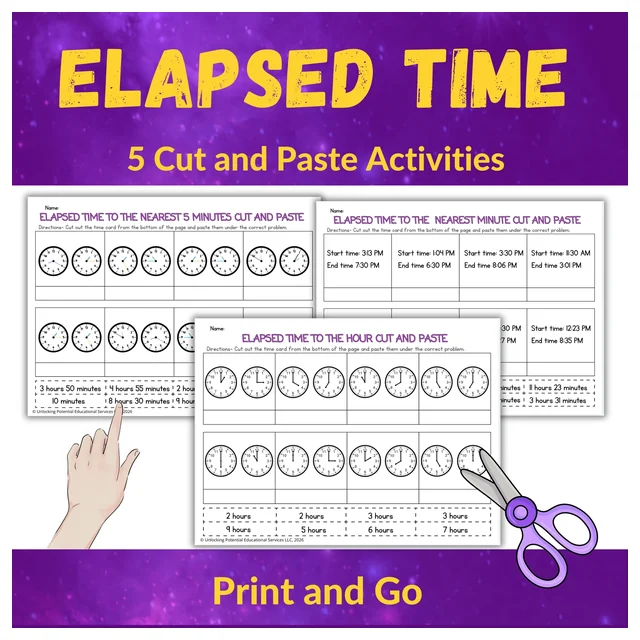 Elapsed Time Cut & Paste Activities for 2nd & 3rd Grade | Telling Time Practice