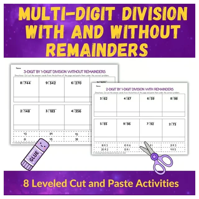 Differentiated Long Division Cut and Paste Activities for 4th/ 5th Grade