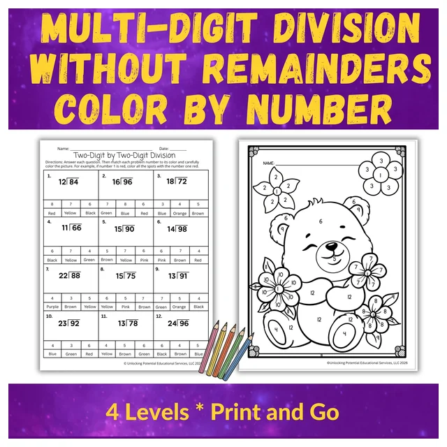 Long Division without Remainders Color by Number | 4th- 5th Grade