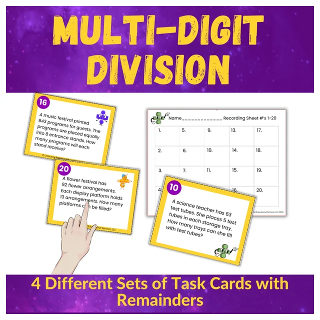 Multi-Digit Division Word Problem Task Cards for 3rd 4th 5th Grade No Remainders