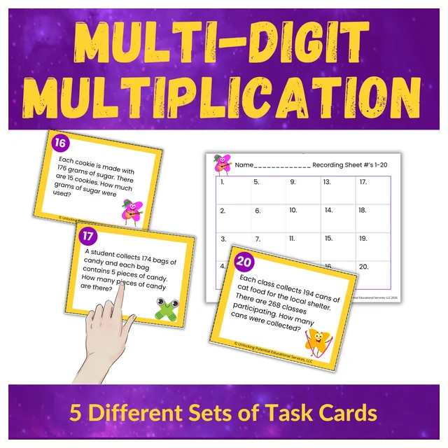 Multi-Digit Multiplication Word Problem Task Cards for 4th Grade | Leveled