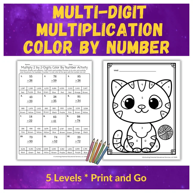 Leveled Multi-Digit Multiplication Color by Number Activities | 3rd 4th 5th