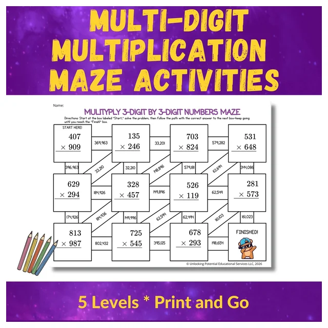 Multi-Digit Multiplication Maze Activities for 3rd 4th 5th Grade