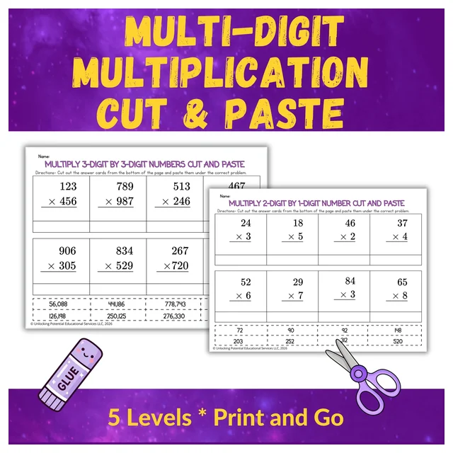 Leveled Multi-Digit Multiplication Cut and Paste Activities | 3rd 4th 5th Grade