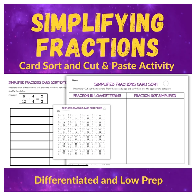 Simplifying Fractions Cut and Paste & Card Sorting Activity | Grades 4 and 5