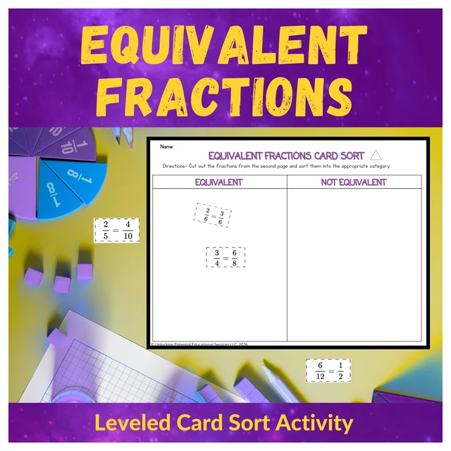 Leveled Equivalent Fractions Card Sort Activity for 4th Grade and 5th Grade Math