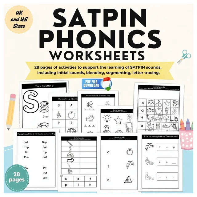 SATPIN Phonics Worksheets | Beginning Sounds, CVC Words & Letter Tracing