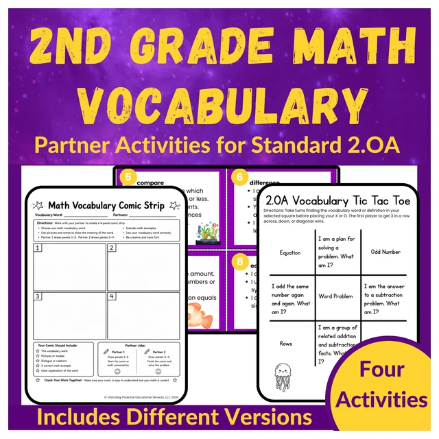 Grade 2 Math Vocabulary Partner Activities | 2.OA Math Centers & Games