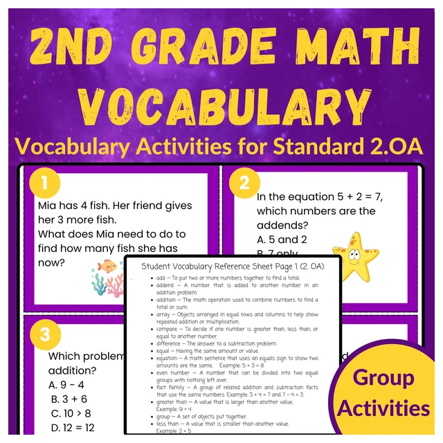 2nd Grade Math Vocabulary Games | 2.OA Group Activities & Task Cards