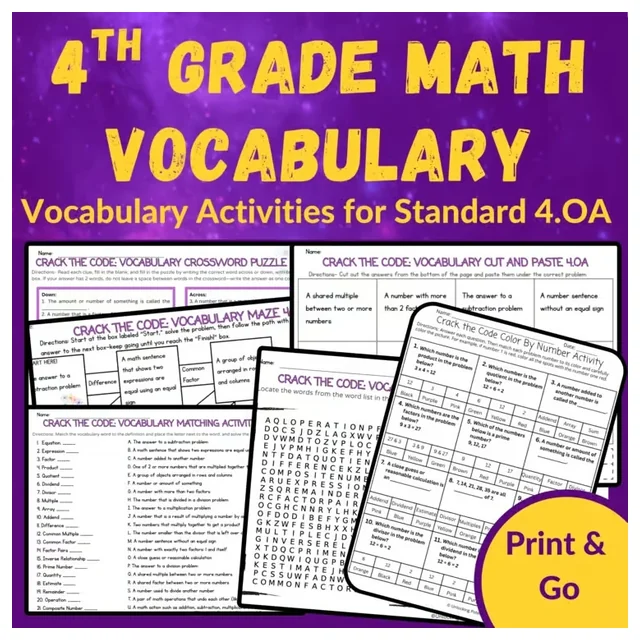 Crack the Code Math Vocabulary Activity Pack | 6 Activities for 4.OA Review