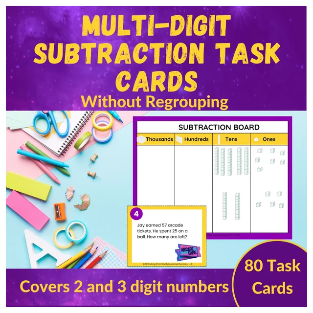 Subtraction Word Problem Task Cards No Regrouping CRA-Friendly 2nd 3rd Grade