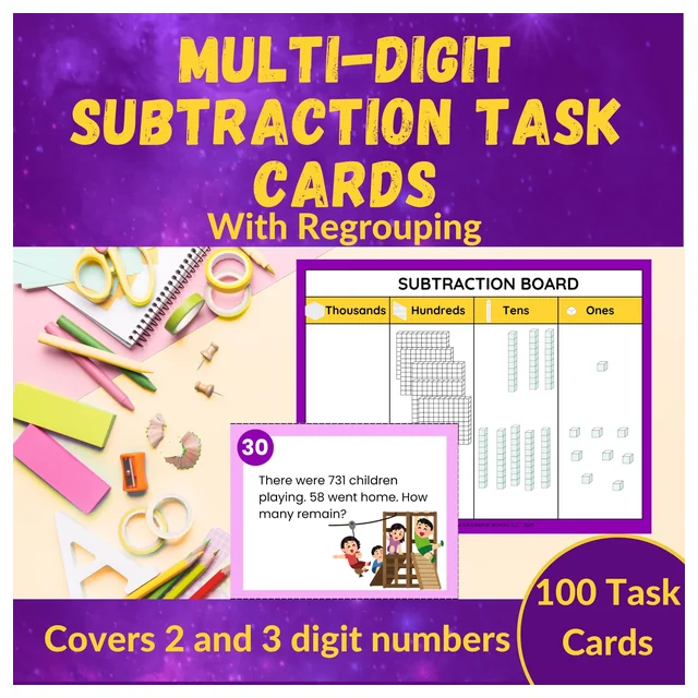 Subtraction Word Problem Task Cards for 2nd & 3rd Grade, Regrouping & CRA