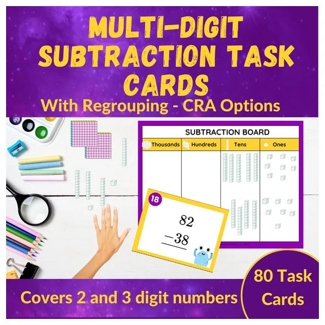 Multi-Digit Regrouping Subtraction Task Cards - 2nd and 3rd Grade - CRA Friendly