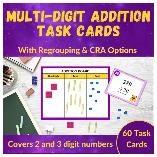 Multi-Digit Addition with Regrouping Task Cards for 2nd and 3rd Grade CRA Option