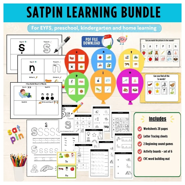 SATPIN Phonics Bundle - Worksheets, Games, Beginning Sounds Activity Boards & CVC Word Building Mat