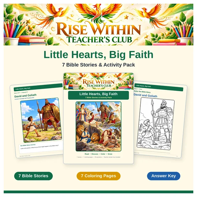 Little Hearts, Big Faith | 7 Bible Stories and Activity Pack | Coloring Pages, Questions, Lessons and Answer Key | Printable