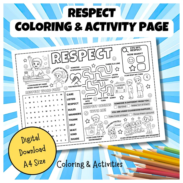 Respect Coloring & Activity Page | Social Emotional Learning Character Education Worksheet
