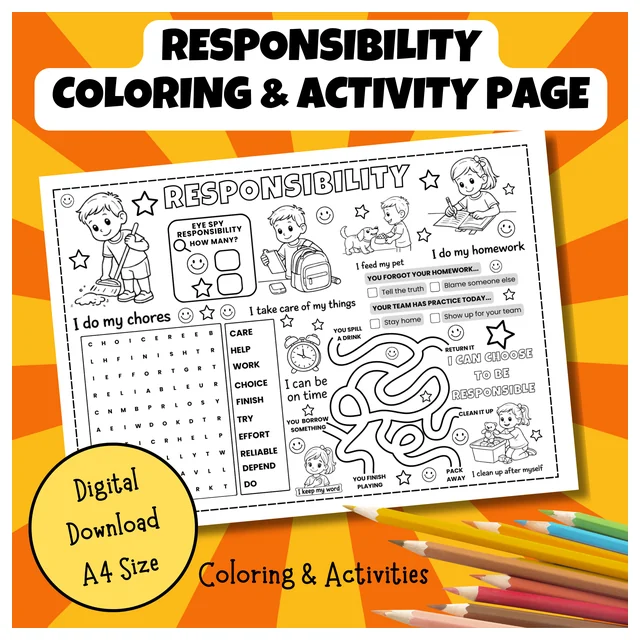 Responsibility Coloring & Activity Page | Social Emotional Learning Character Education Worksheet