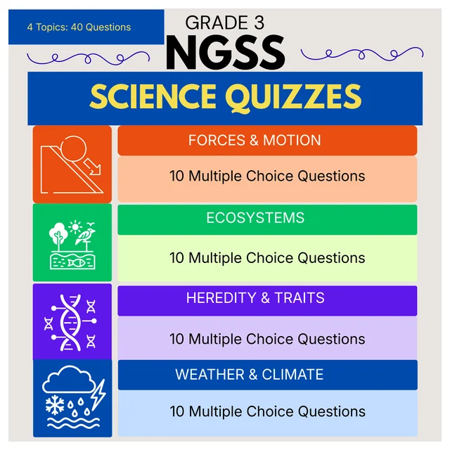 Grade 3 - NGSS Quiz Bundle (4 quizzes) Full Year Science Quizzes