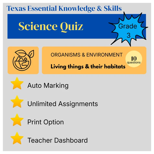 Grade 3 Science Quiz – Organisms and Environments: Living Things and Their Habitats - Texas Essential Knowledge and Skills (TEKS)