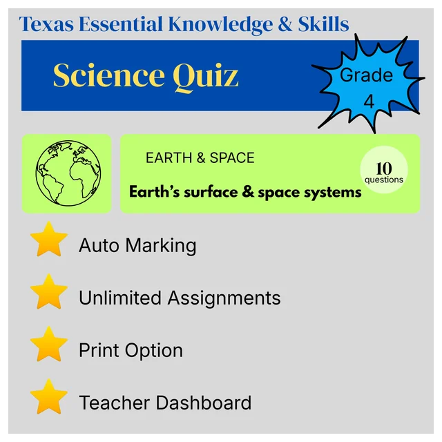 Grade 4 Science Quiz – Earth and Space: Earth's Surface and Space Systems  - Texas Essential Knowledge and Skills (TEKS)