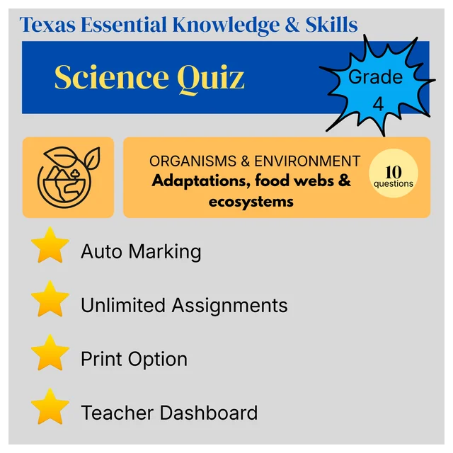 Grade 4 Science Quiz – Organisms and Environments: Adaptations, Food Webs and Ecosystems - Texas Essential Knowledge and Skills (TEKS)