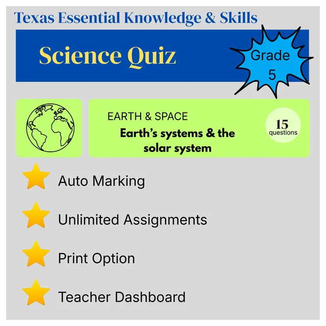 Grade 5 Science Quiz – Earth and Space: Earth's Systems and the Solar System - Texas Essential Knowledge and Skills (TEKS)