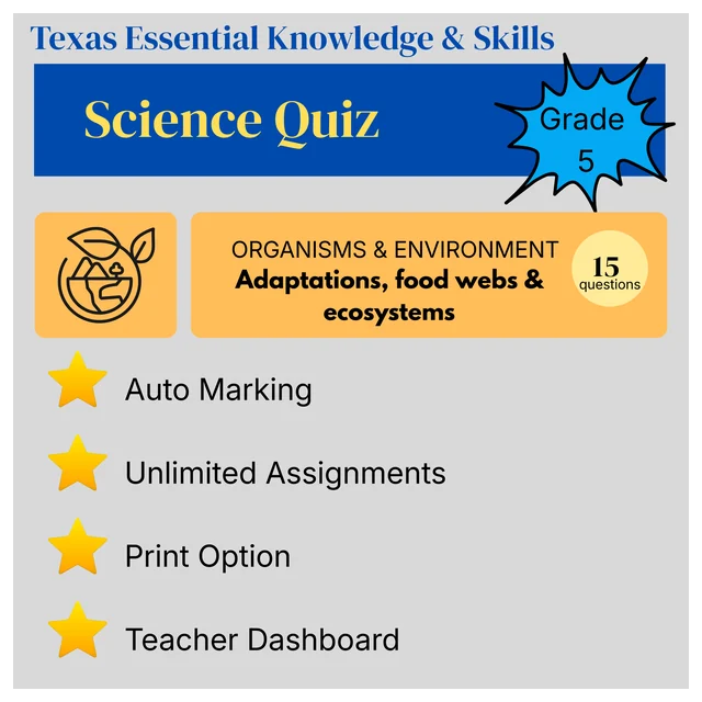 Grade 5 Science Quiz – Organisms and Environments: Ecosystems, Food Webs and Adaptations - Texas Essential Knowledge and Skills (TEKS)