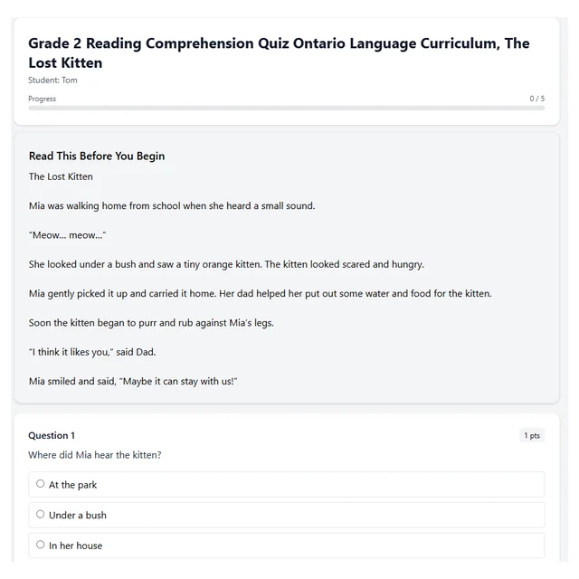 Grade 2 Reading Comprehension Quiz  Ontario Language Curriculum, The Lost Kitten