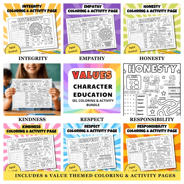 Character Education Coloring Pages & Activities Bundle | Values | SEL Worksheets