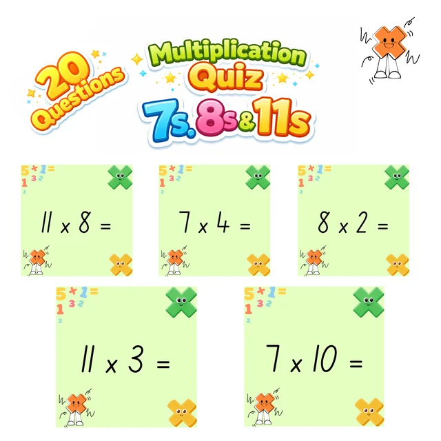 Multiplication 7s, 8s, & 11s Quick Quiz - 20 Questions - Print or Online Quiz