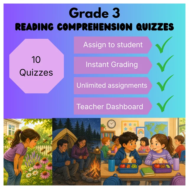 Grade 3 Reading Comprehension Quiz Bundle (10 quizzes) - Supported Learning Quizzes