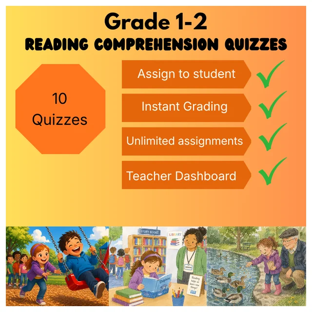 Grade 1 to 2 Reading Comprehension Quiz Bundle (10 quizzes) Supported Learning Quizzes