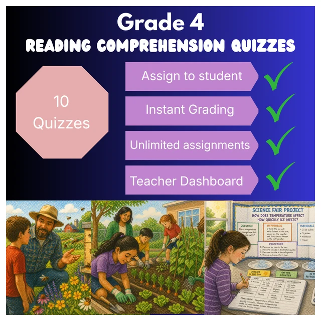 Grade 4 Reading Comprehension Quiz Bundle (10 quizzes) - Supported Learning Quizzes
