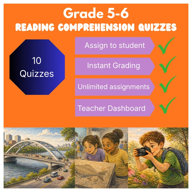 Grade 5 to 6 Reading Comprehension Quiz Bundle (10 quizzes) - Supported Learning Quizzes